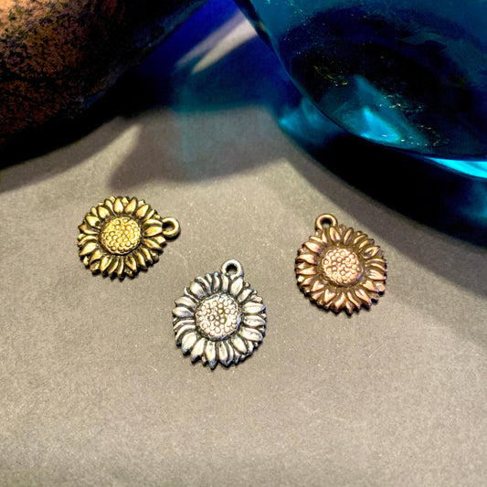 Sunflower Charm - Antiqued Silver/Gold/Copper. 15mm x 17mm. TierraCast. Pewter Charm. Lead-Free. American Made.