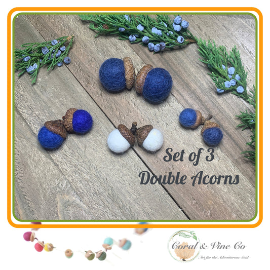 Hanukkah Felt Acorn Decorations. Holiday Decor with Blue & White Wool Acorns