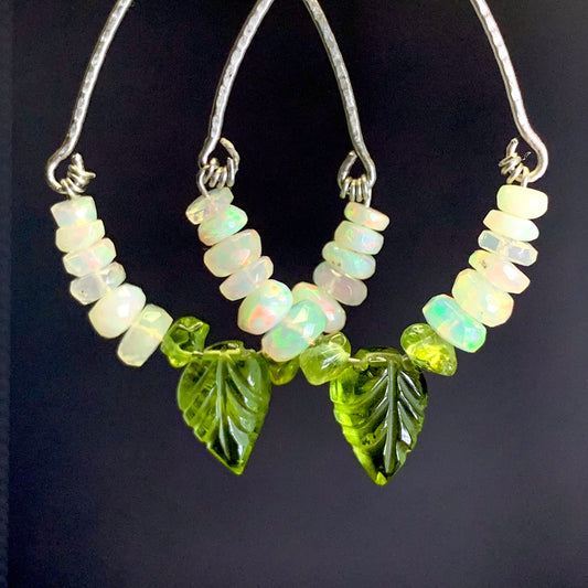 SIlver Leaf Earrings. Green Peridot Earrings. Opal Earrings. Hoop Earrings. Unique Jewelry gift for her. CVAG