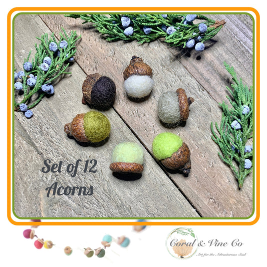 Felt Acorn Autumn Decorations. Green Fall Decor with Colorful Wool Acorns