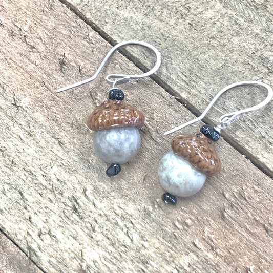 Natural Acorn Earrings - Forest Boho Jewelry Gift  Grey Gem Earrings - CVAG