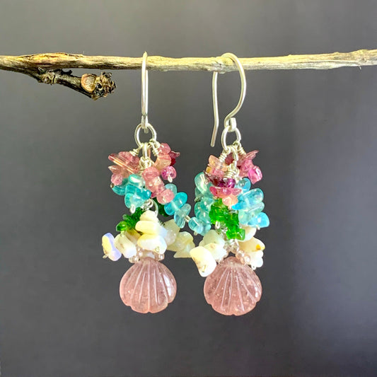 Pink Shell Earrings. Gem Cluster Earrings. Handmade Chandelier Earrings. CVAG