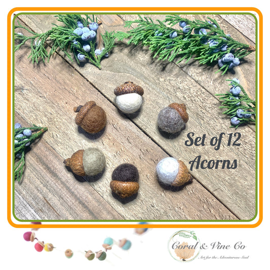 Neutral Felt Acorn Autumn Decorations. Fall Decor with Colorful Wool Acorns