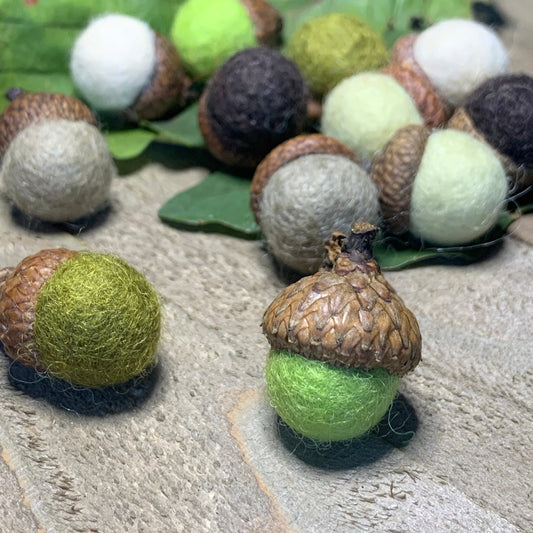 Soft Green Felt Acorn Autumn Decorations. Fall Decor with Colorful Wool Acorns