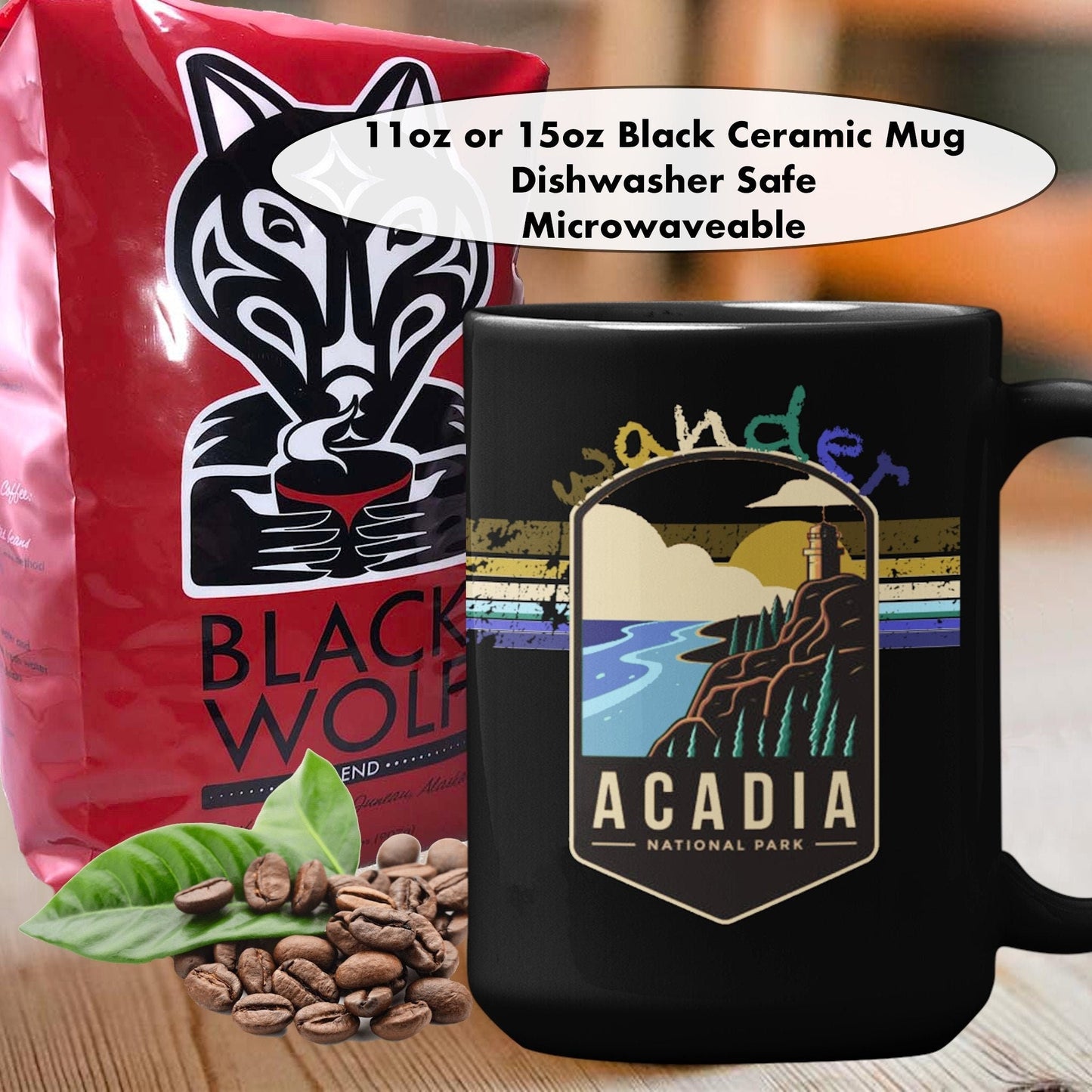 Acadia National Park Mug - Maine Black Coffee Mug 15oz - Coral and Vine Co