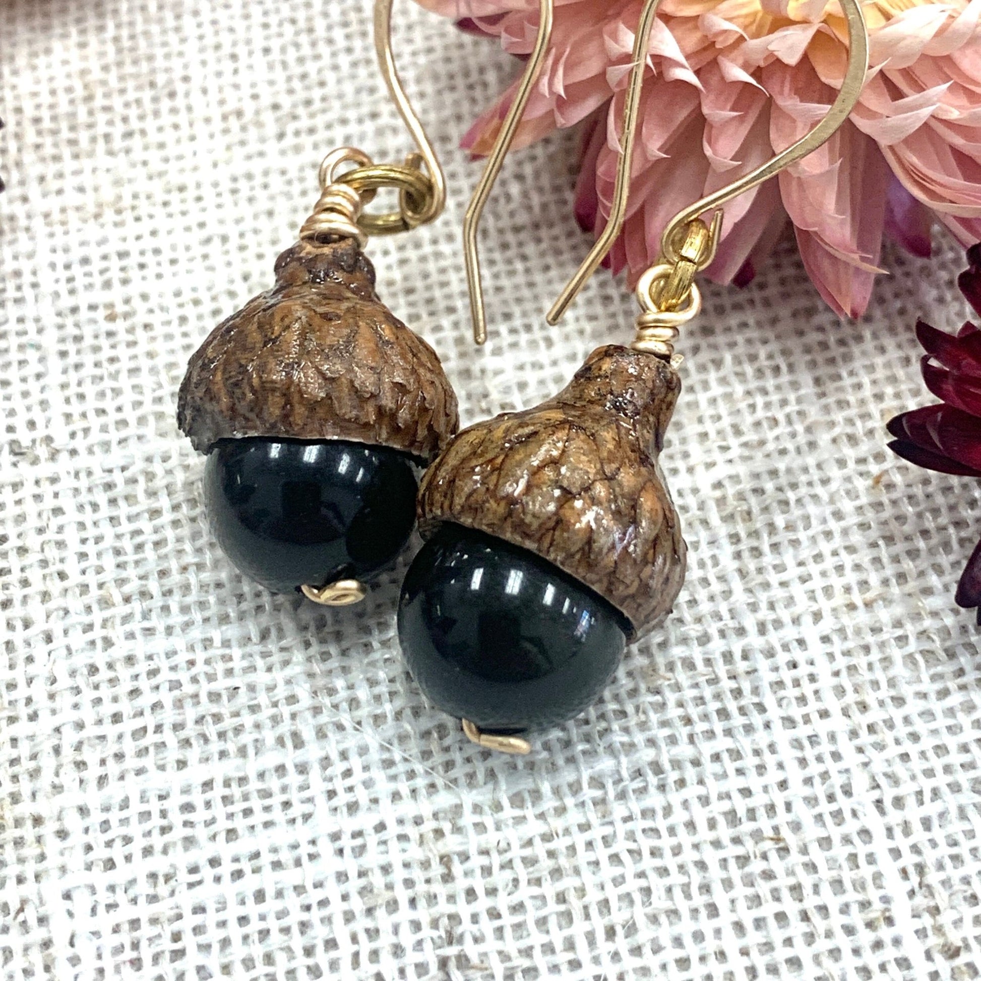 Black Gold Sheen Obsidian Acorn Earrings in 14k Gold - Coral and Vine Co