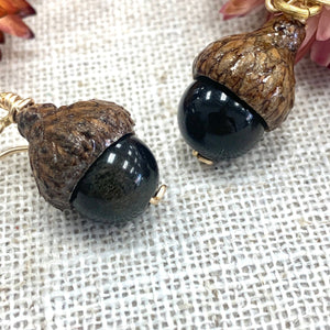 Black Gold Sheen Obsidian Acorn Earrings in 14k Gold - Coral and Vine Co