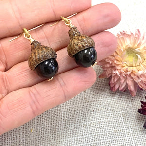 Black Gold Sheen Obsidian Acorn Earrings in 14k Gold - Coral and Vine Co