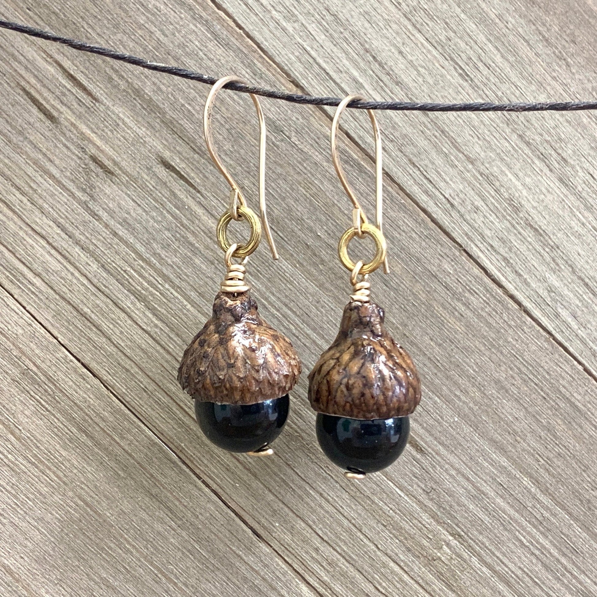 Black Gold Sheen Obsidian Acorn Earrings in 14k Gold - Coral and Vine Co
