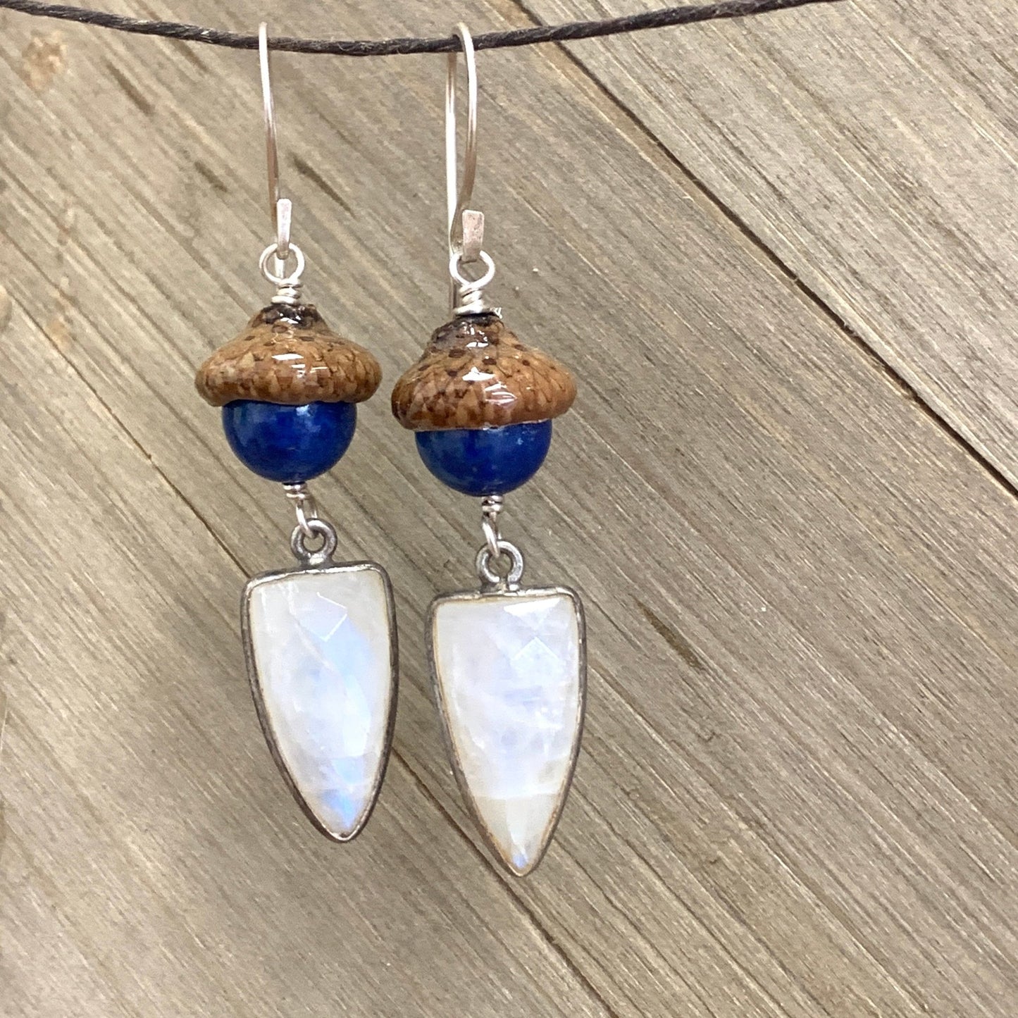 Blue Lapis and Moonstone Acorn Dangle Earrings in Silver - Coral and Vine Co