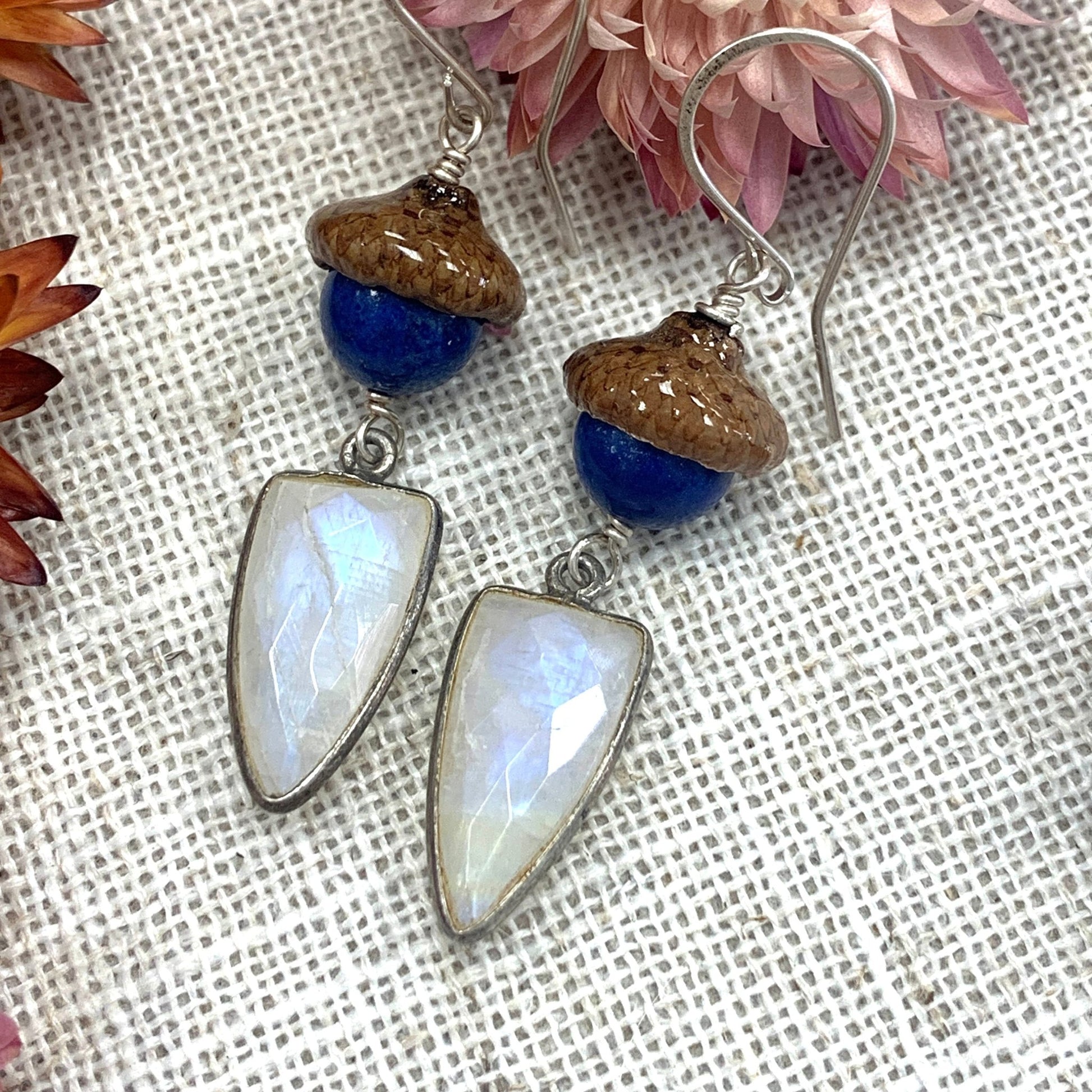 Blue Lapis and Moonstone Acorn Dangle Earrings in Silver - Coral and Vine Co