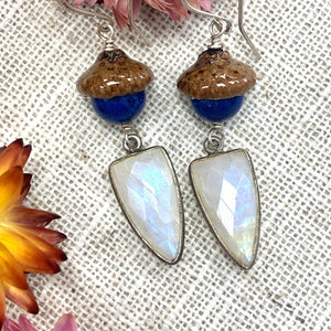 Blue Lapis and Moonstone Acorn Dangle Earrings in Silver - Coral and Vine Co