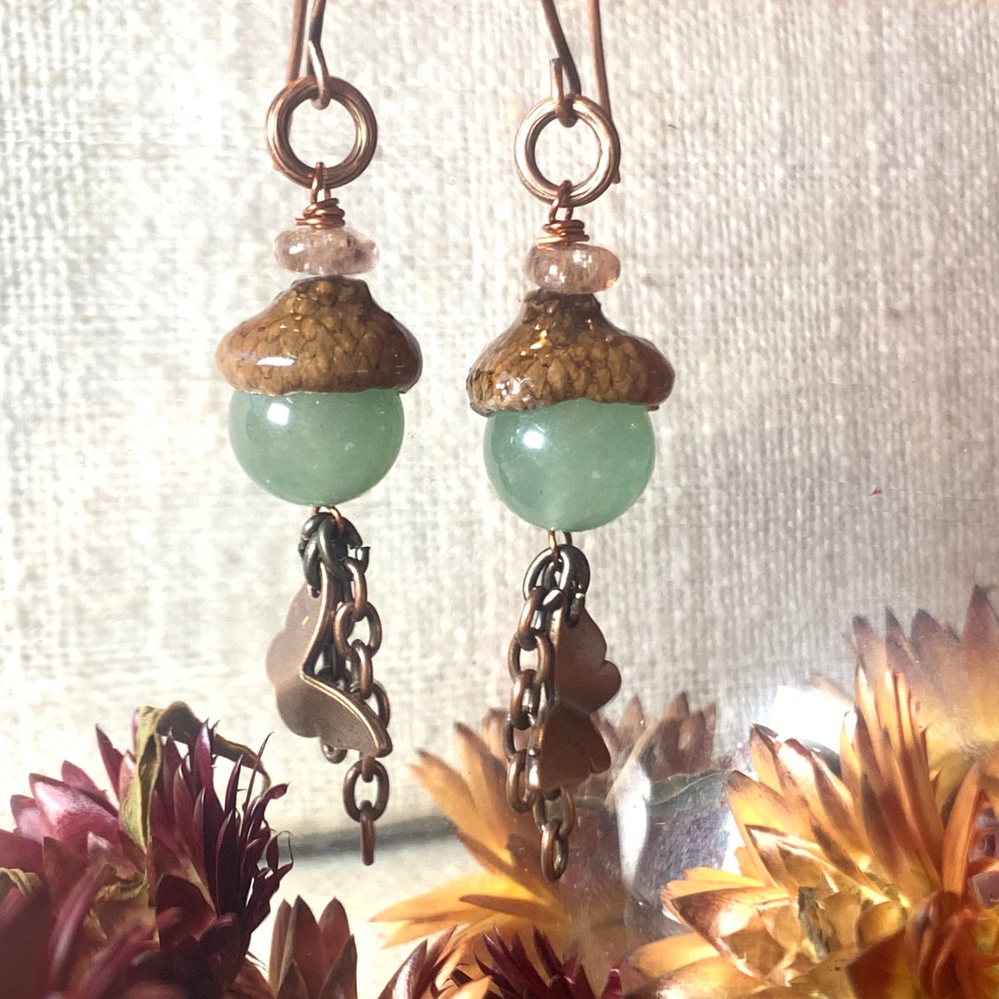 Copper Butterfly Earrings with Green Aventurine Acorn Gems - Coral and Vine Co