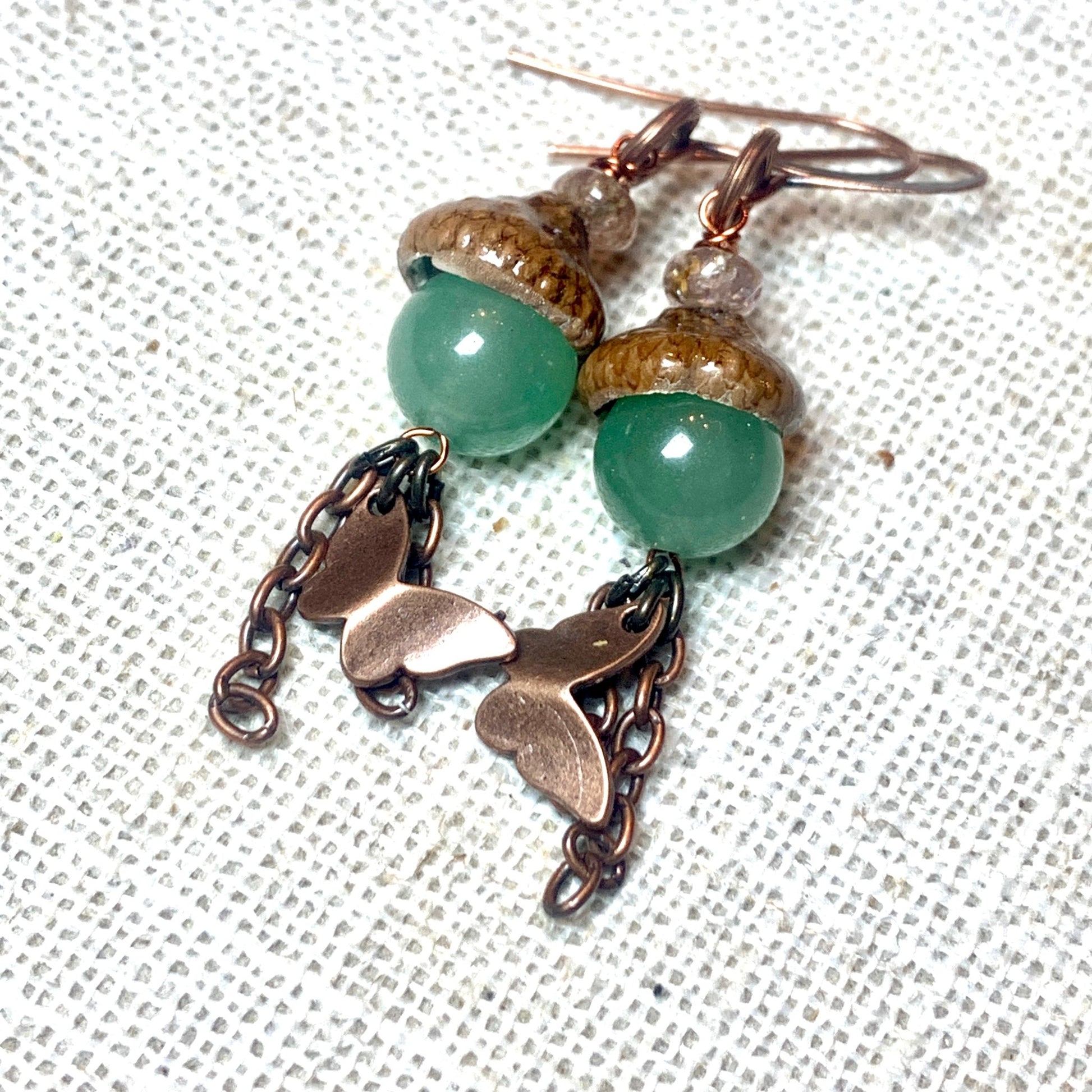 Copper Butterfly Earrings with Green Aventurine Acorn Gems - Coral and Vine Co