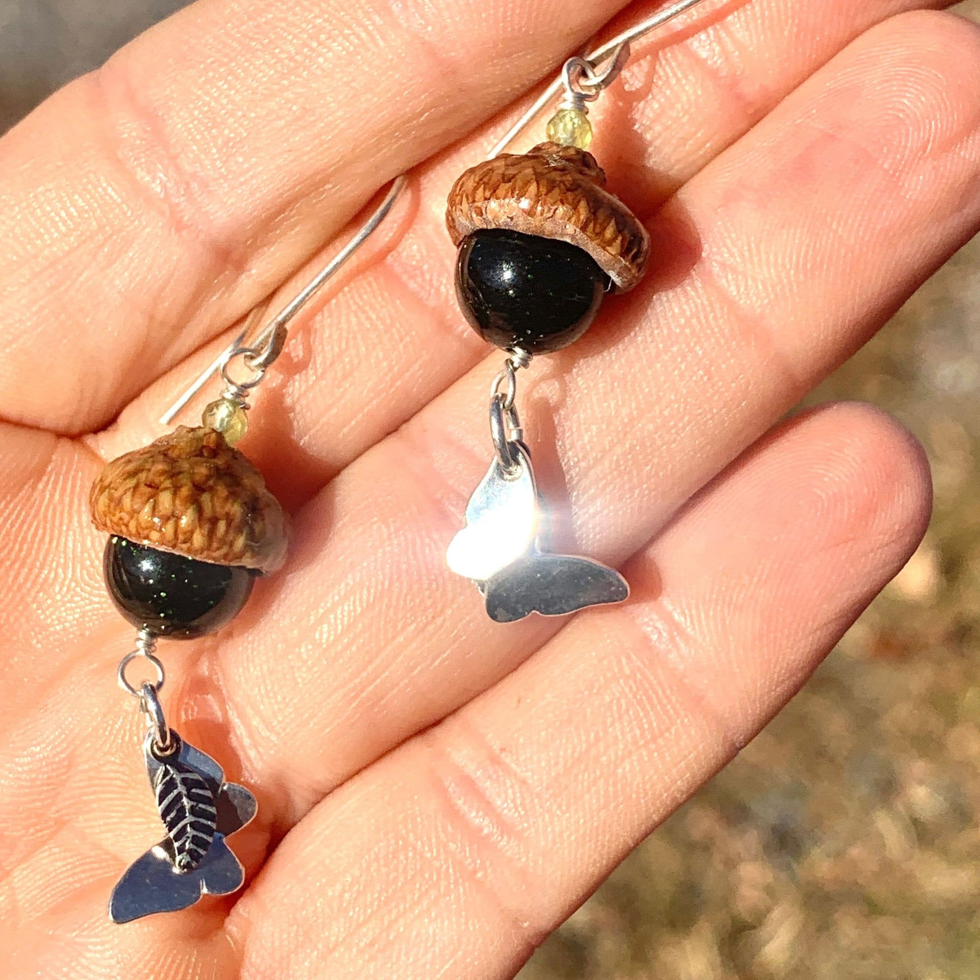Green Goldstone Acorn Earrings with Silver Butterflies - Coral and Vine Co