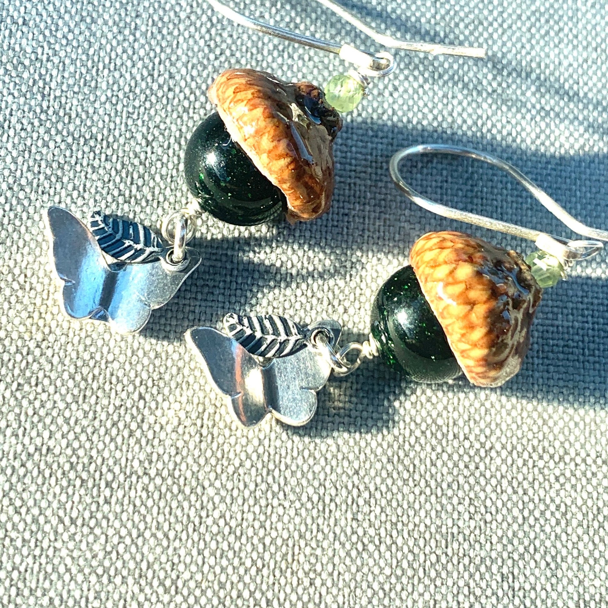 Green Goldstone Acorn Earrings with Silver Butterflies - Coral and Vine Co