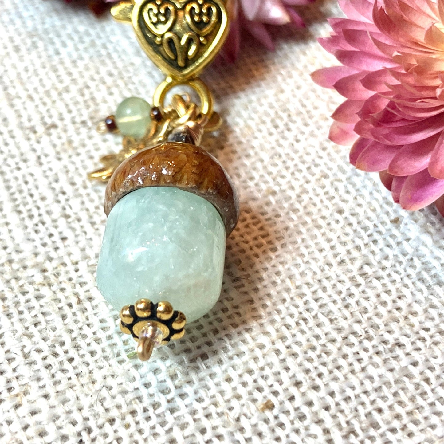 Green Prehnite Acorn & Gold Keyring with flower charm - Coral and Vine Co