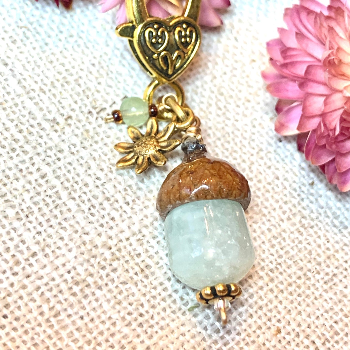 Green Prehnite Acorn & Gold Keyring with flower charm - Coral and Vine Co