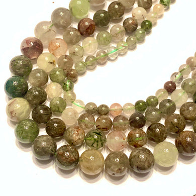 Green Red Rutilated Quartz Gemstone Smooth Round Beads - Coral and Vine Co
