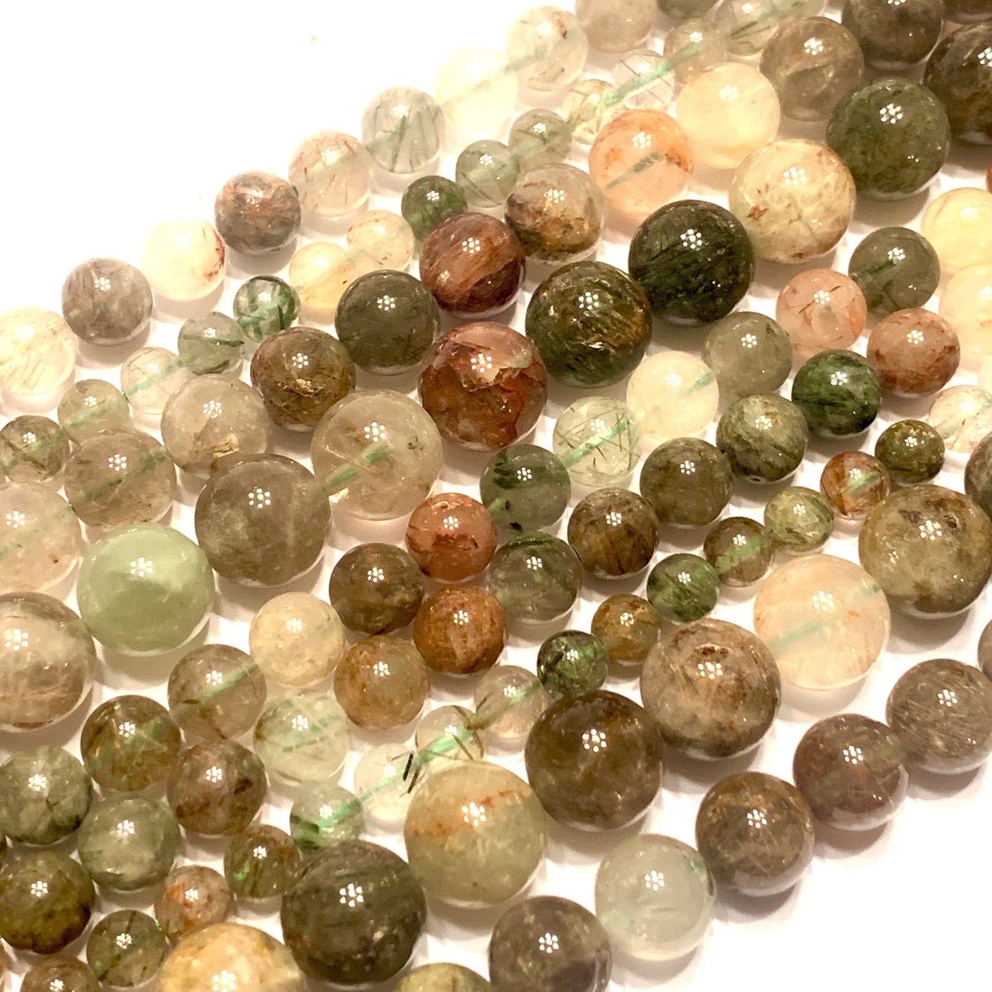 Green Red Rutilated Quartz Gemstone Smooth Round Beads - Coral and Vine Co