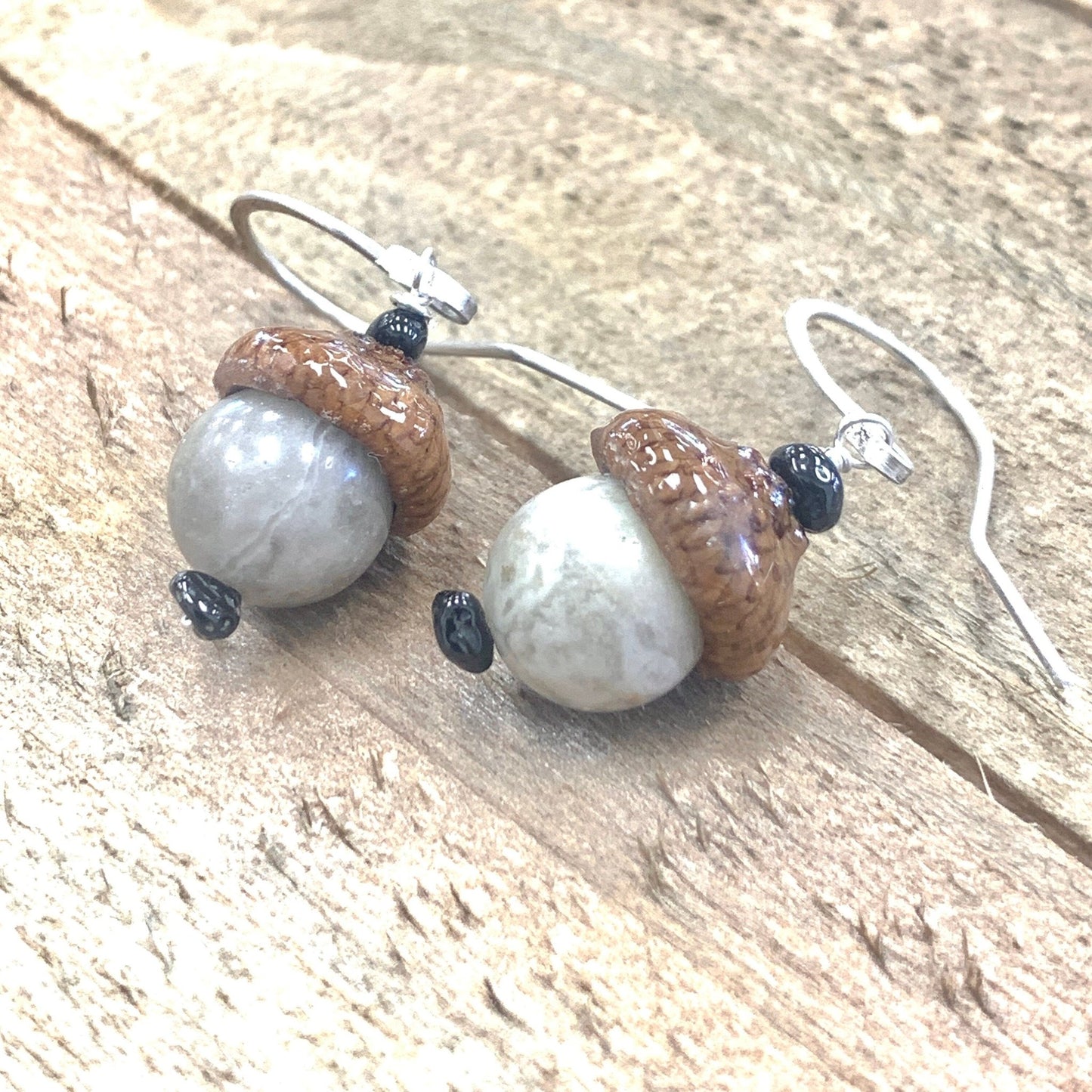 Grey Acorn Earrings with Black Spinal in Silver - Coral and Vine Co