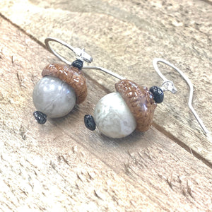 Grey Acorn Earrings with Black Spinal in Silver - Coral and Vine Co
