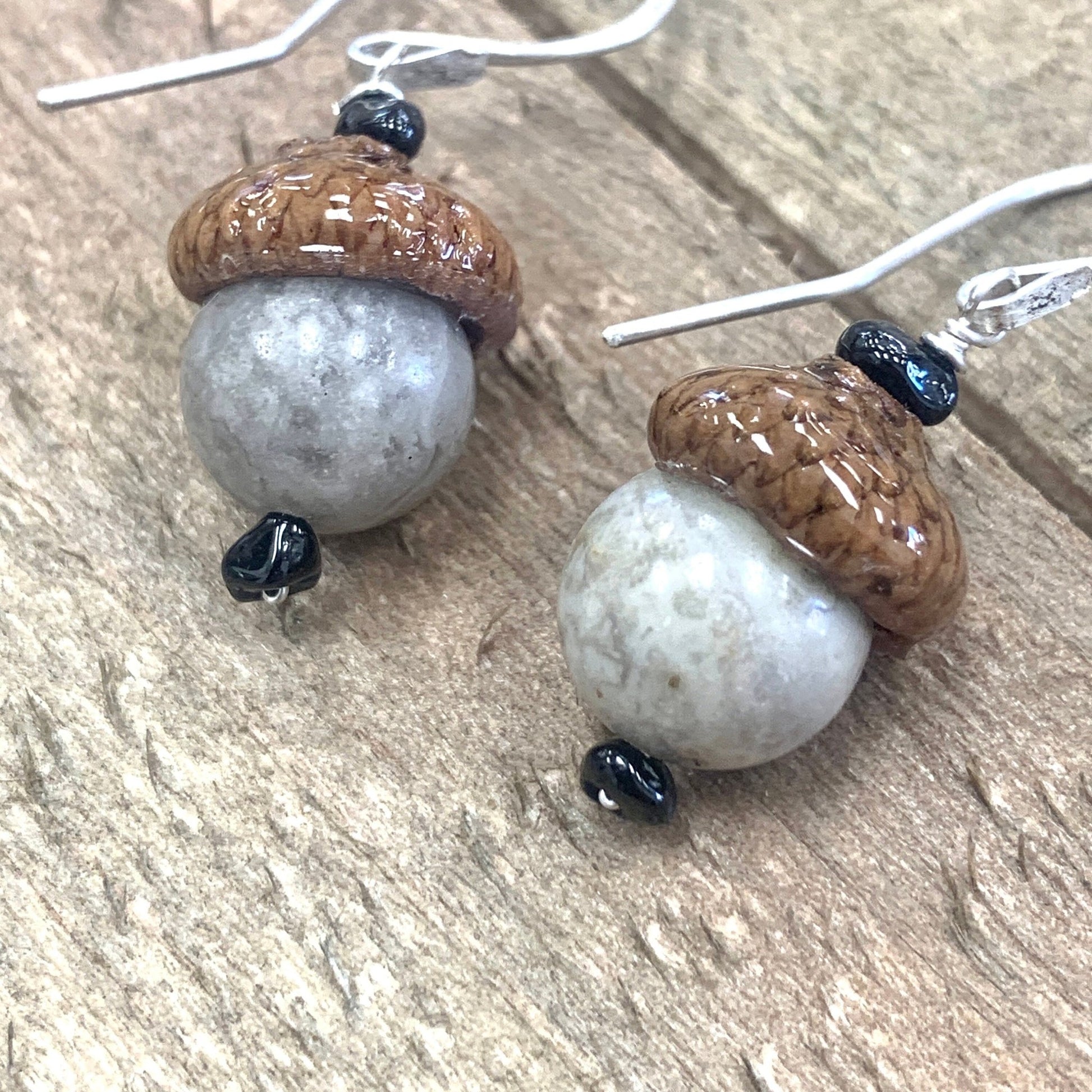 Grey Acorn Earrings with Black Spinal in Silver - Coral and Vine Co