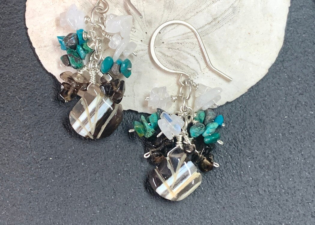 Turquoise Cluster Earrings with Shell Carved Boulder Opals