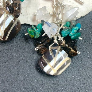Turquoise Cluster Earrings with Shell Carved Boulder Opals