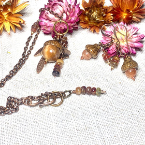 Natural Sunstone & Spinal Jewelry Set. Acorn Necklace & Earrings in Copper - Coral and Vine Co