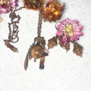 Natural Sunstone & Spinal Jewelry Set. Acorn Necklace & Earrings in Copper - Coral and Vine Co