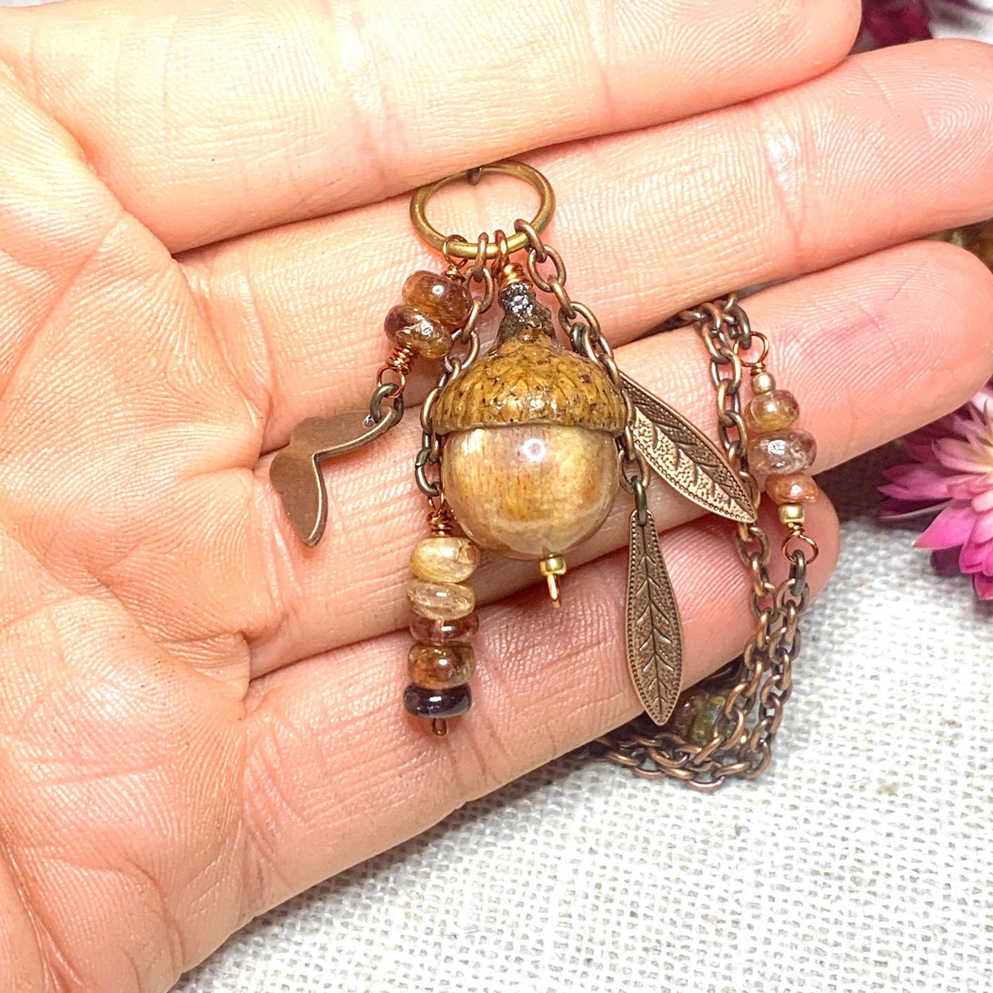 Natural Sunstone & Spinal Jewelry Set. Acorn Necklace & Earrings in Copper - Coral and Vine Co