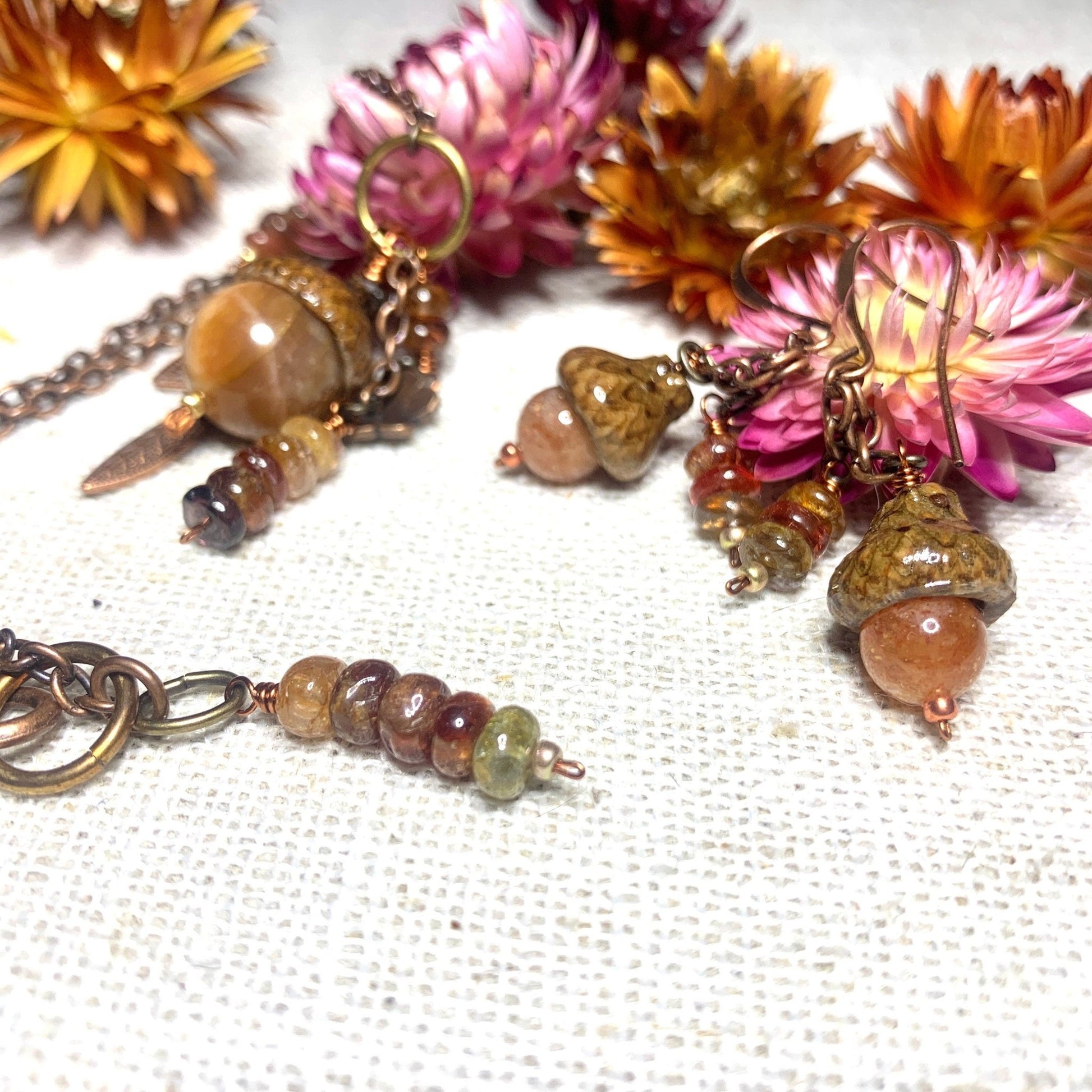 Natural Sunstone & Spinal Jewelry Set. Acorn Necklace & Earrings in Copper - Coral and Vine Co