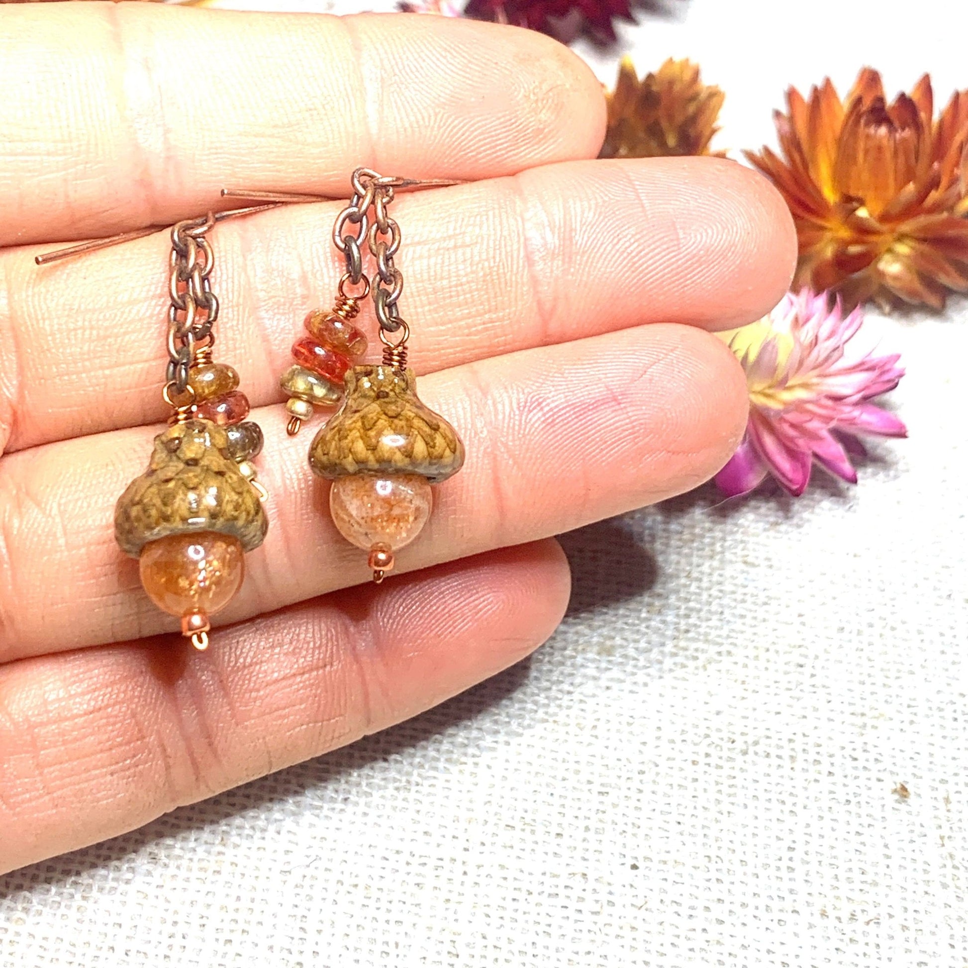 Natural Sunstone & Spinal Jewelry Set. Acorn Necklace & Earrings in Copper - Coral and Vine Co