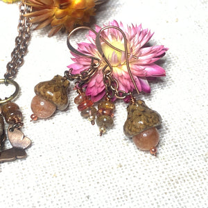 Natural Sunstone & Spinal Jewelry Set. Acorn Necklace & Earrings in Copper - Coral and Vine Co
