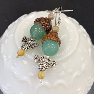 Silver Bumble Bee Earrings with Green Aventurine Acorns - Coral and Vine Co
