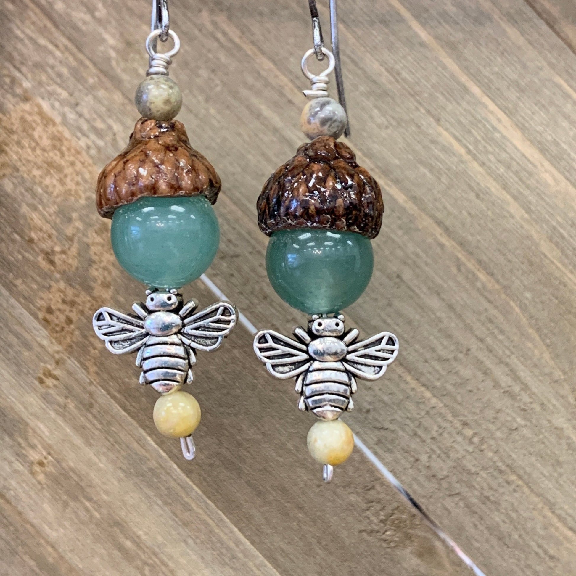 Silver Bumble Bee Earrings with Green Aventurine Acorns - Coral and Vine Co
