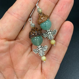 Silver Bumble Bee Earrings with Green Aventurine Acorns - Coral and Vine Co