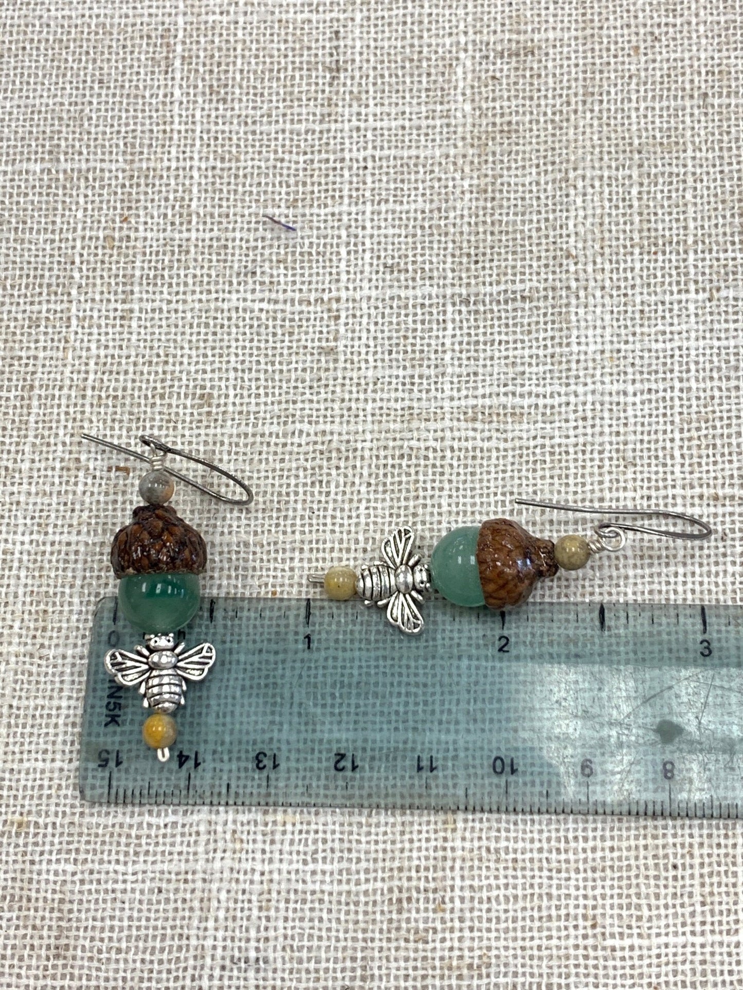 Silver Bumble Bee Earrings with Green Aventurine Acorns - Coral and Vine Co