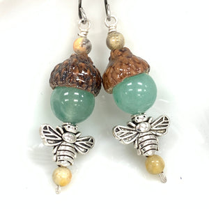 Silver Bumble Bee Earrings with Green Aventurine Acorns - Coral and Vine Co