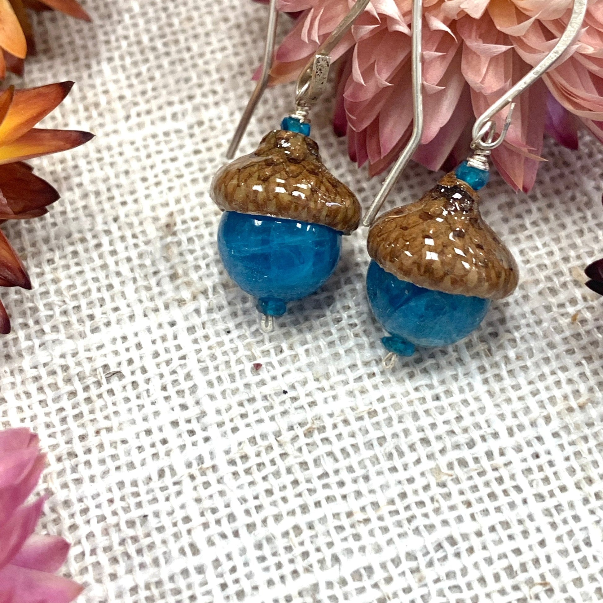 Teal Apatite Fairie Earrings w/ Acorn Caps in Silver - Coral and Vine Co