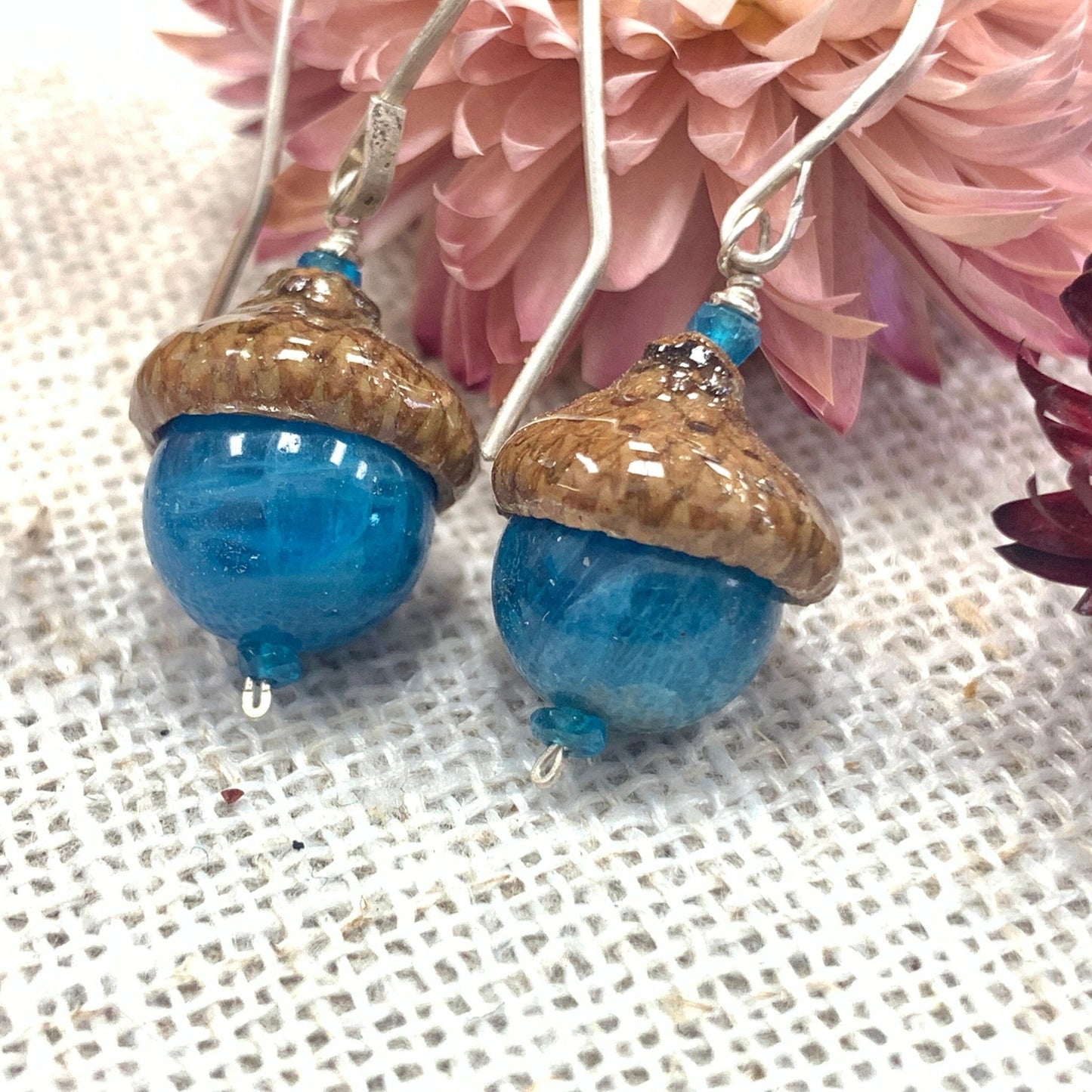 Teal Apatite Fairie Earrings w/ Acorn Caps in Silver - Coral and Vine Co