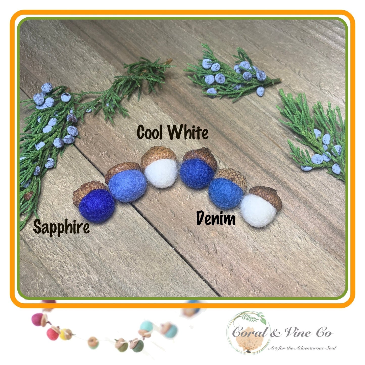 Wall Garland Blue & White Felted Wool Acorns - Coral and Vine Co