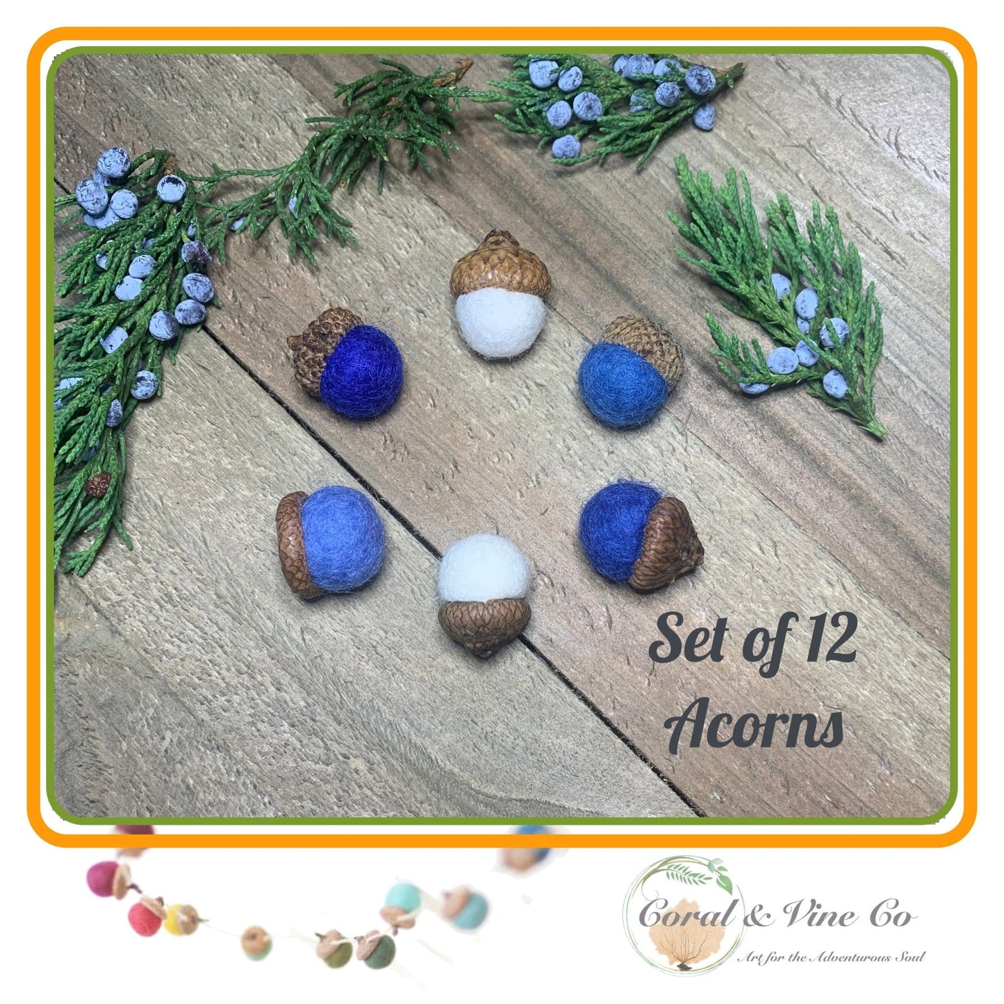 Wall Garland Blue & White Felted Wool Acorns - Coral and Vine Co