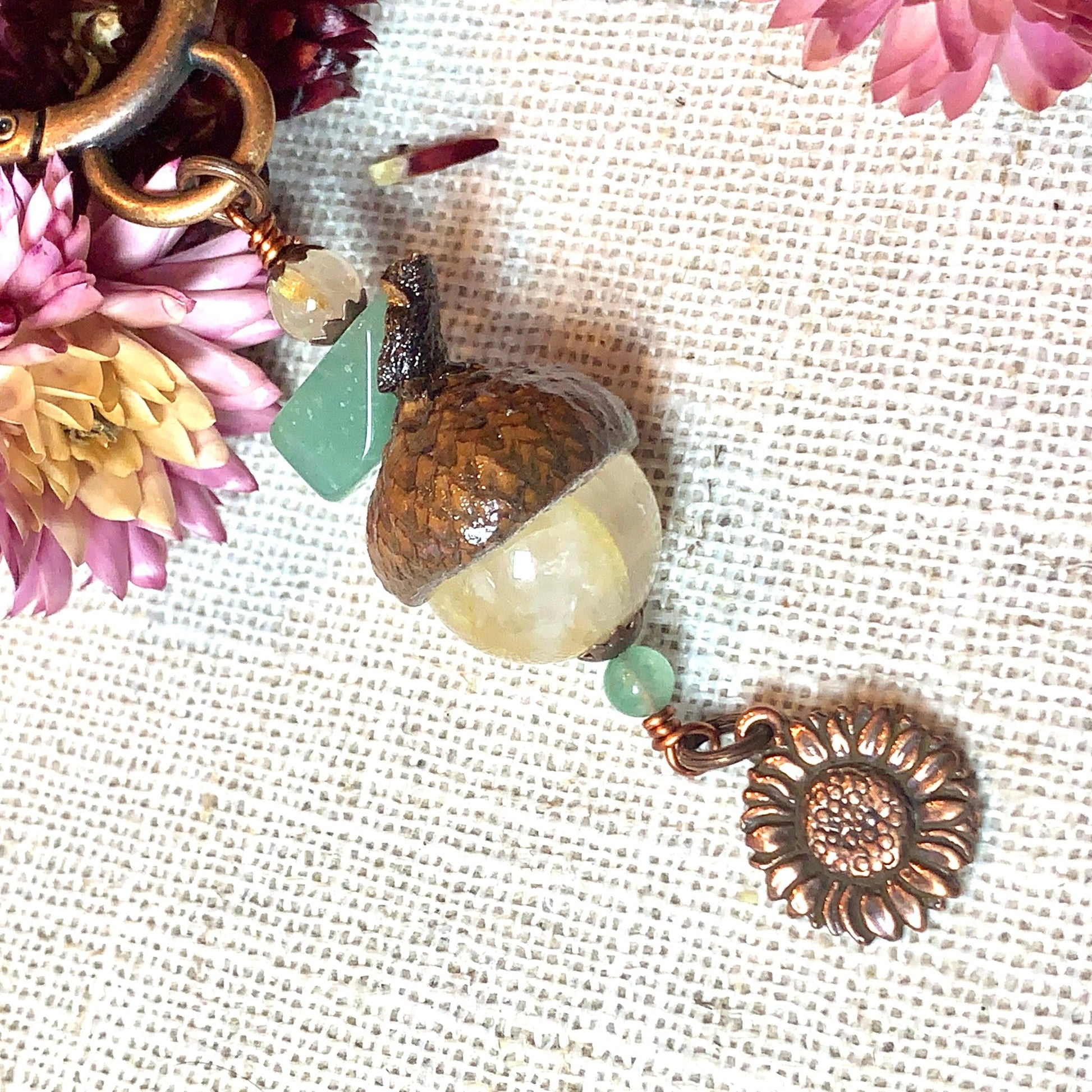 Whimsical Copper Sunflower Keyring with Gemstone Acorn - Coral and Vine Co